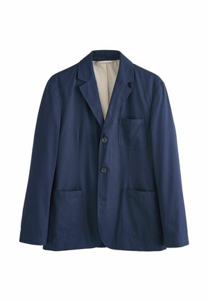 Navy blue men's blazer with two lower pockets, one chest pocket, and two buttons, shown against white background.