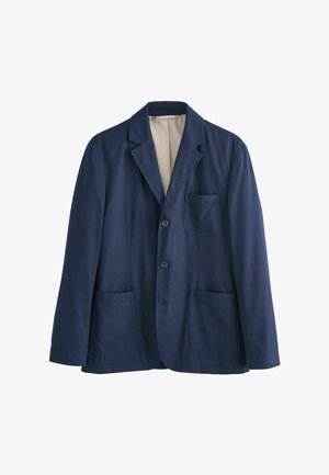 Navy blue men's blazer with two lower pockets, one chest pocket, and two buttons, shown against white background.