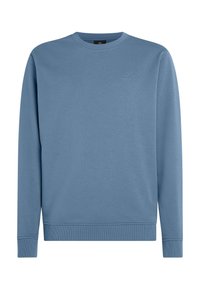Blå crewneck sweatshirt lavet af bomuldsblanding, med ribbede manchetter og søm, og med et diskret logo broderet på brystet.