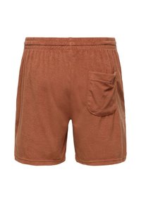 Shorts en tissu éponge marron avec taille élastique et une seule poche plaquée sur le côté droit, affichés sur fond blanc.