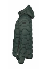 Grønne pufferjakke med en lynlåslomme, der har en hætte, quiltet design og en glat, blank finish. Accenter inkluderer et logo-patch på skulderen.