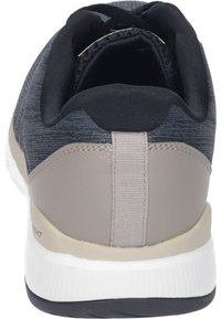 Zapato con una parte superior de un gris oscuro texturizado, panel de talón sintético beige y suela de goma blanca. Presenta un cuello acolchado y una pestaña trasera para facilitar el agarre.