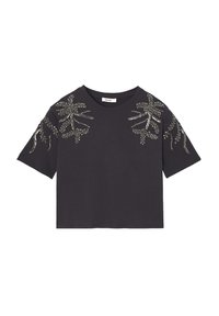 T-shirt à manches courtes gris foncé avec des motifs floraux brodés en fil argenté sur les épaules. Tissu en coton avec une coupe décontractée.