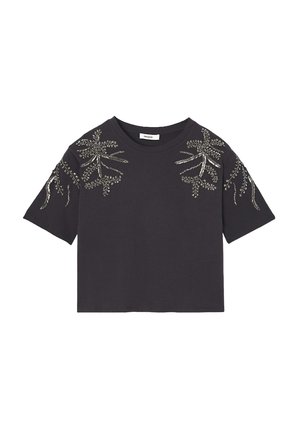 T-shirt à manches courtes gris foncé avec des motifs floraux brodés en fil argenté sur les épaules. Tissu en coton avec une coupe décontractée.
