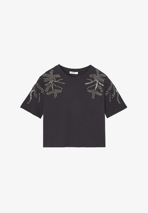 T-shirt à manches courtes gris foncé avec des motifs floraux brodés en fil argenté sur les épaules. Tissu en coton avec une coupe décontractée.