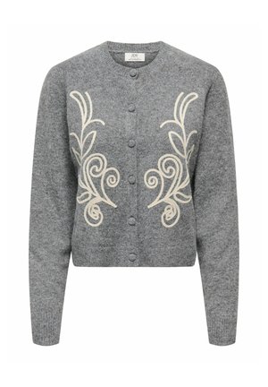 Grå strikket cardigan med rund hals, med kremfarget blomsterbroderi foran og knappelukking. Lange ermer, cropped design.