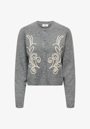 Grå strikket cardigan med rund hals, med kremfarget blomsterbroderi foran og knappelukking. Lange ermer, cropped design.