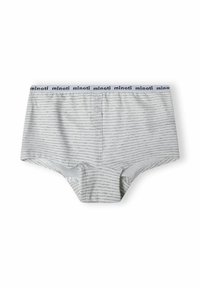 Slip grigio a righe con una texture morbida, dotato di un elastico nero con marchio "minoti" e due bottoni sul davanti.