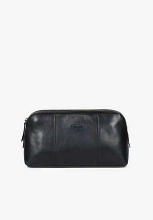 Schwarze Lederhandtasche mit glatter Textur, ausgestattet mit einem oberen Reißverschluss und geprägtem Logo-Detail auf der Vorderseite. Kompakte rechteckige Form.