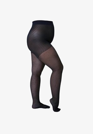 Czarne, nieprzezroczyste rajstopy z siateczkowym wzorem na górze i kropkowym wzorem na całych nogach; miękka struktura i elastyczny pas.