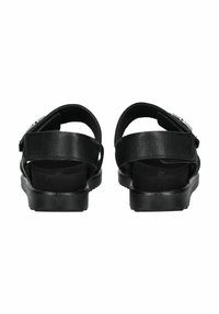 Zwarte sandalen met een leren bovenkant met textuur, verstelbare riemen en een gevoerde zool, met een eenvoudig ontwerp en minimale hardware-accenten.
