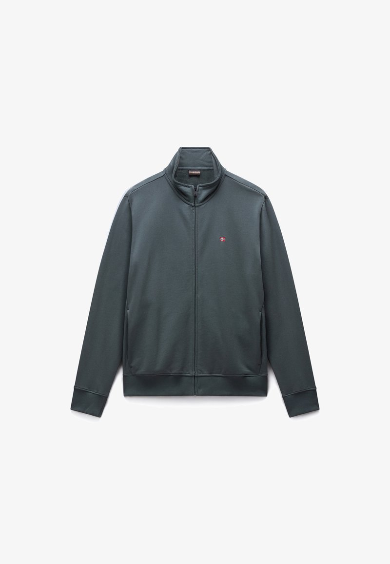 Dark green zip-up sweatshirt made of soft fabric, featuring a high collar and a small flag logo on the left chest. Two side pockets.