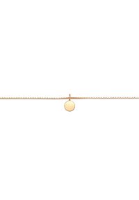 Guldfarvet halskæde med en fin kæde og en glat, rund pendant, der udviser et minimalistisk fladt design og reflekterende overflade.