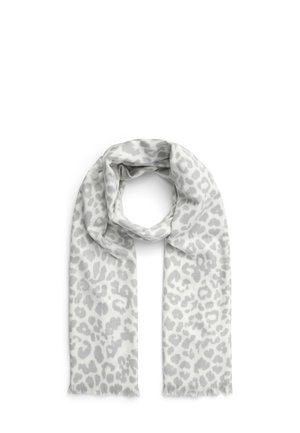 Sciarpa grigia con stampa leopardata, realizzata in tessuto morbido, caratterizzata da un design leggero e bordi sfrangiati. Disposta a forma circolare.