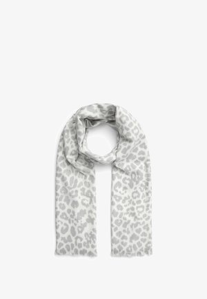 Sciarpa grigia con stampa leopardata, realizzata in tessuto morbido, caratterizzata da un design leggero e bordi sfrangiati. Disposta a forma circolare.