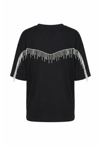 Black short-sleeve T-shirt with white beaded fringe detailing across the upper back and extending down the sleeves.