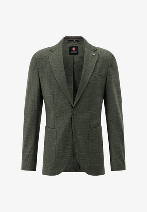Grüner Blazer mit strukturierter Oberfläche, zwei Fronttaschen, zwei Knöpfen und einem Reverskragen. Innenfutter mit einem sich wiederholenden Markenlogo-Muster.