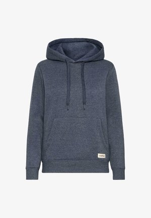 Dark blue hooded sweatshirt made of soft fabric, featuring a front pocket, drawstrings, ribbed cuffs, and a small brand label at the bottom.