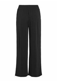 Crne hlače širokih nogavica s elastičnim pojasom i glatkom teksturom; bez vidljivih uzoraka ili dodataka. Funkcionalan dizajn s bočnim džepovima.