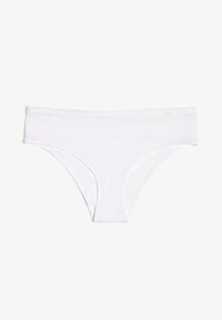 Mutande bikini di cotone bianco con una texture liscia, vita media e dettagli delle cuciture minimi.