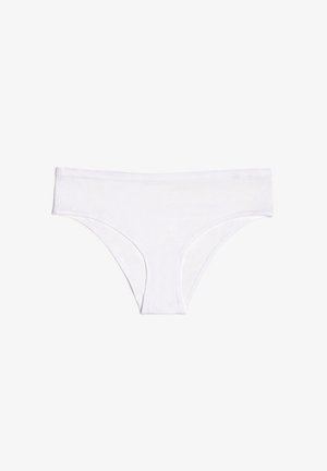 Mutande bikini di cotone bianco con una texture liscia, vita media e dettagli delle cuciture minimi.