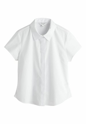 Biela košeľa s krátkym rukávom na gombíky, s klasickým golierom, vyrobená z hladkej tkaniny, so rovnakým lemom a minimalistickým dizajnom.
