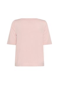 Haut rose clair à manches courtes en matière douce, présentant un design simple et droit avec un col rond et sans logos ni motifs visibles.