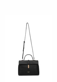 Zwarte leren handtas met een gestructureerde vorm, een bovenhandgreep, afneembare schouderriem, goudkleurige hardware en een gestructureerde afwerking.