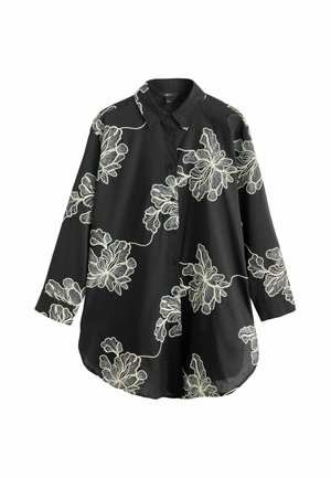 Cămașă neagră cu mâneci lungi, încheiată cu nasturi, decorată cu modele mari brodate alb florale și guler clasic.