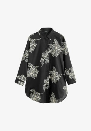 Fekete hosszú ujjú gombos ing nagy fehér hímzett virágmintákkal és klasszikus gallérral.