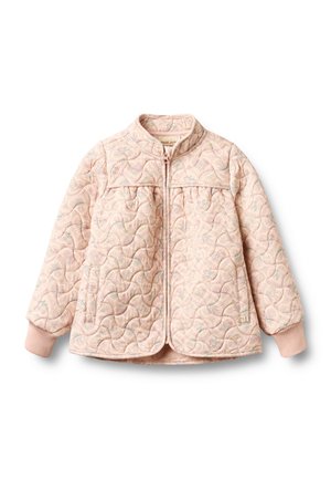 Lichtroze doorgestikte jas met golfpatroon, ritssluiting aan de voorkant, geribbelde manchetten en twee zijzakken.