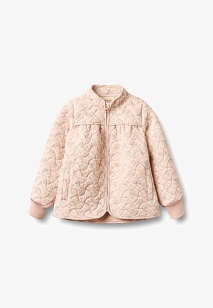 Světle růžová prošívaná bunda s vlnkovým prošíváním, předním zipem, žebrovanými manžetami a dvěma bočními kapsami.