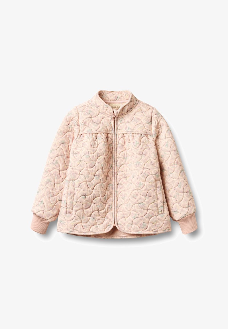 Lichtroze doorgestikte jas met golfpatroon, ritssluiting aan de voorkant, geribbelde manchetten en twee zijzakken.