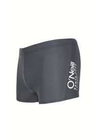 Shorts de bain pour hommes en gris foncé, fabriqués en tissu lisse et extensible. Présentent un logo blanc sur le côté et un design ajusté.
