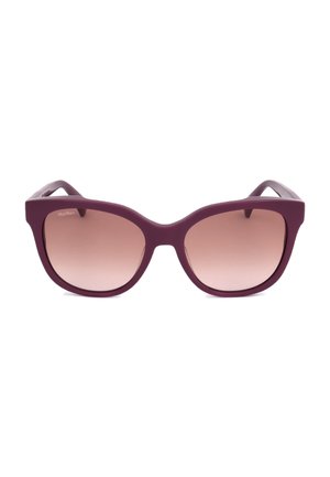 Occhiali da sole a occhi di gatto viola con lenti marroni sfumate mostrati frontalmente su sfondo bianco.