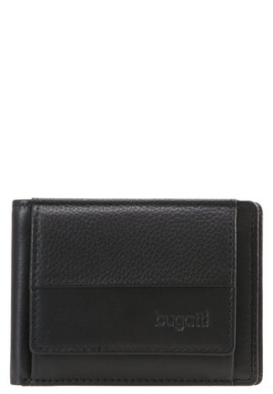 Black leather wallet with a textured surface, fold-over design, and a debossed logo, featuring card slots and a compact shape.