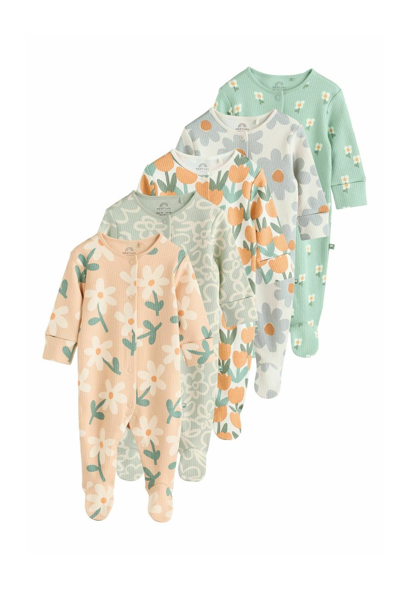 Cinco salopete pentru bebeluși în culori pastelate variate, cu modele florale și botanice, fabricate dintr-un material ribbed și echipate cu închideri cu capse.