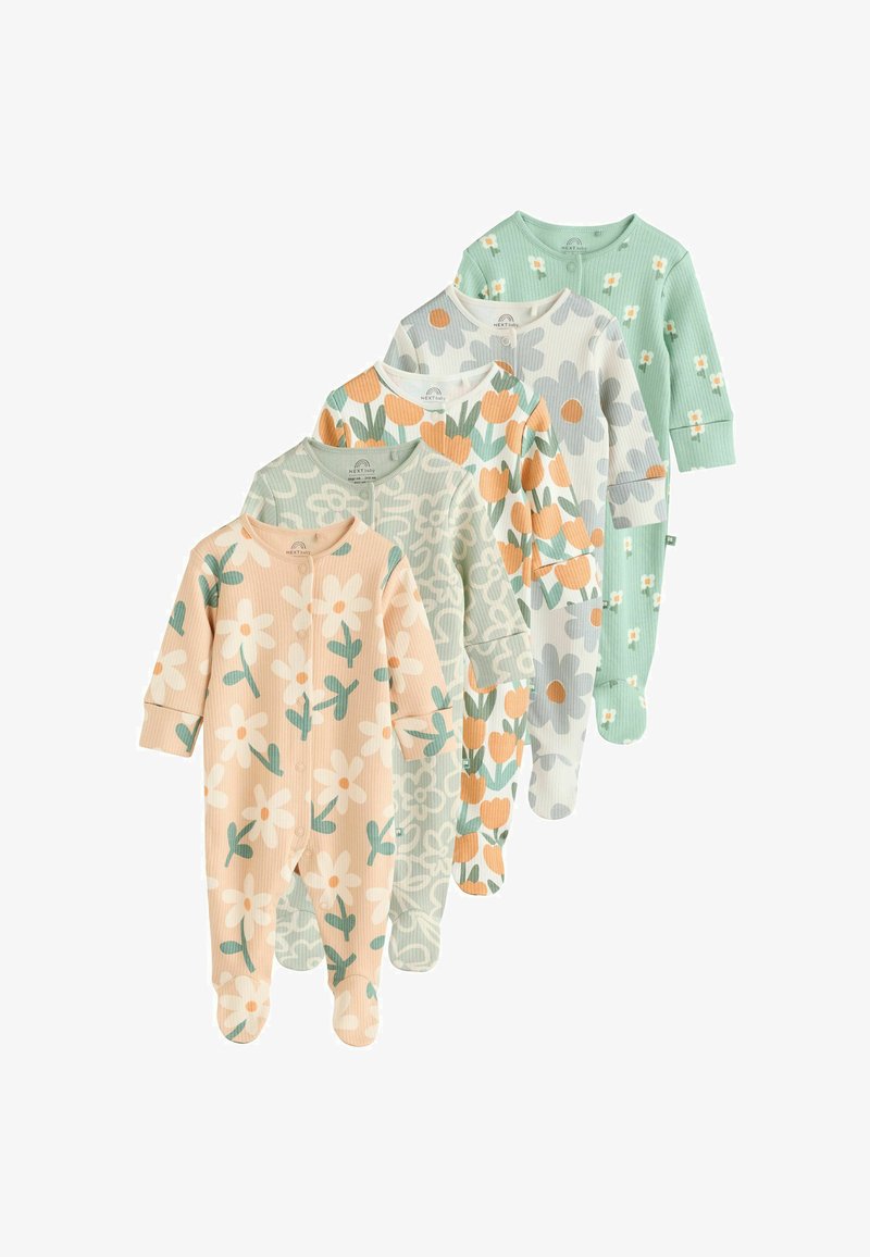 Cinq grenouillères pourbébés dans des couleurs pastel variées, ornées de motifs floraux et botaniques, fabriquées en tissu côtelé avec des fermetures à pression.