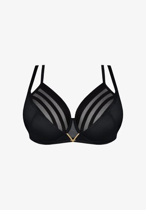 Schwarzer BH aus glattem Stoff mit transparenten gestreiften Netzpaneelen. Verfügt über ein goldenes, V-förmiges Detail in der Mitte und verstellbare Träger.