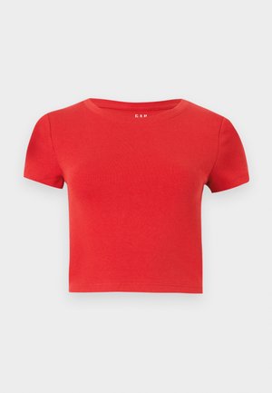 Rød bomull kortermet t-skjorte med rund hals og en tettsittende design. Jevn tekstur med minimal detaljer.