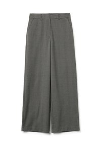 Pantaloni grigi a gamba larga con una trama liscia, dotati di tasche frontali e un design frontale piatto. Realizzati in un tessuto intrecciato con un motivo sottile.