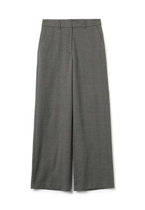 Graue weit geschnittene Hosen mit glatter Textur, ausgestattet mit Eingrifftaschen und einem flachen Vorderdesign. Hergestellt aus einem gewebten Stoff mit subtilen Mustern.