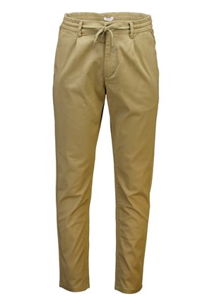Khaki broeken van katoen, met een elastische tailleband, twee voorzakken, taps toelopende benen en een gladde textuur.
