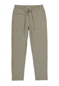 Helle beige Sweatpants aus weichem Stoff, mit einem elastischen Bund und einem Kordelzug sowie schmal zulaufenden Beinen. Minimalistisches Design, ohne Muster.