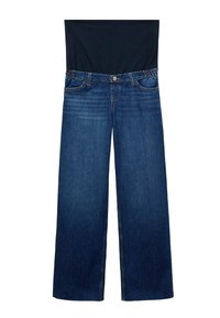 Dark blue denim wide-leg jeans with a fitted black top attached at the waist. Features five pockets and a button closure. Smooth texture.