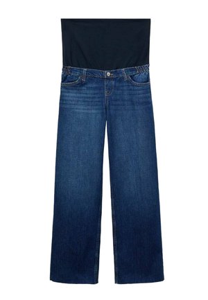 Mørkeblå denim buks med vid benvidde og en tætsiddende sort top fastgjort i taljen. Har fem lommer og knaplukning. Glat tekstur.
