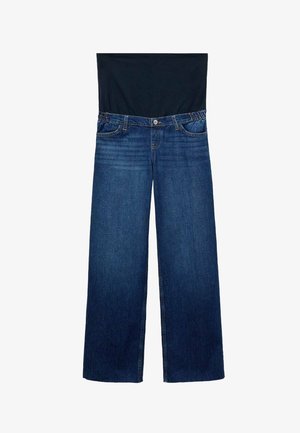 Donkerblauwe denim wijde broek met een aansluitend zwart topje dat aan de taille is bevestigd. Beschikt over vijf zakken en een knoopsluiting. Soepele textuur.