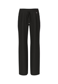 Black wide-leg pants made from soft fabric, featuring an elastic waistband with a drawstring and a small logo tag on the front.
