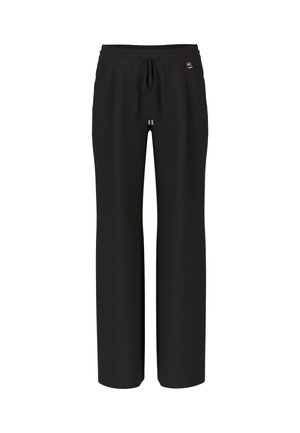 Black wide-leg pants made from soft fabric, featuring an elastic waistband with a drawstring and a small logo tag on the front.