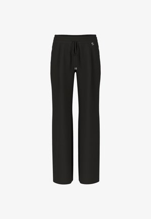Black wide-leg pants made from soft fabric, featuring an elastic waistband with a drawstring and a small logo tag on the front.